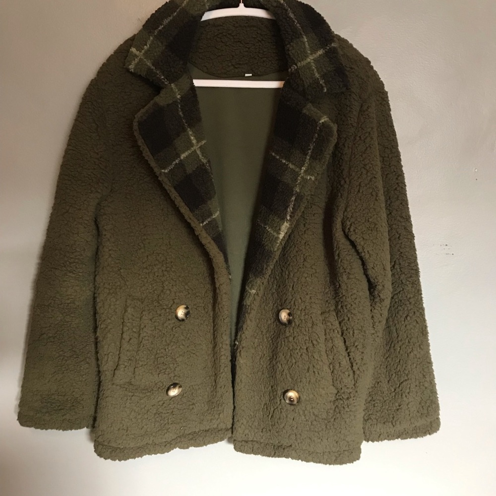Army Green plaid teddy coat